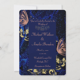 Invitación redonda de Boda de mariposa de oro azul