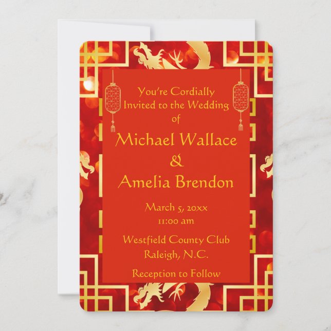 Invitación redonda de Boda Dragon Rojo y Oro (Anverso)