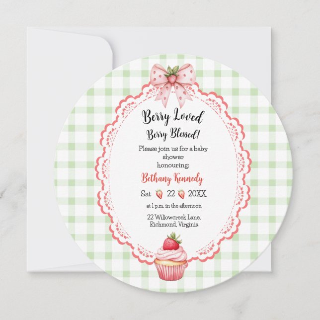 Invitación Redonda de Cumpleaños de Tarta de Fresa (Anverso)