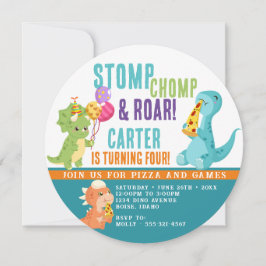 Invitación redonda de Fiesta Dinosaur Pizza