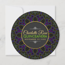 Invitación redonda de Neon Mandala Groovy Quinceañ