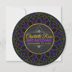 Invitación Redonda Groovy Bat Mitzvah Neon Mandala