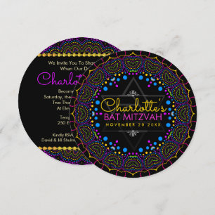 Invitación redonda Groovy UV Bohemian Bat Mitzvah