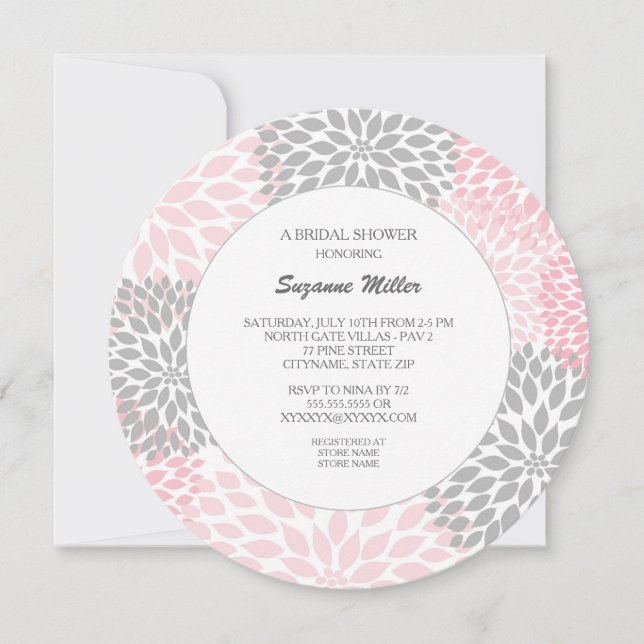 Invitación redonda para DUCHA NUPCIAL de dalia gri (Anverso)