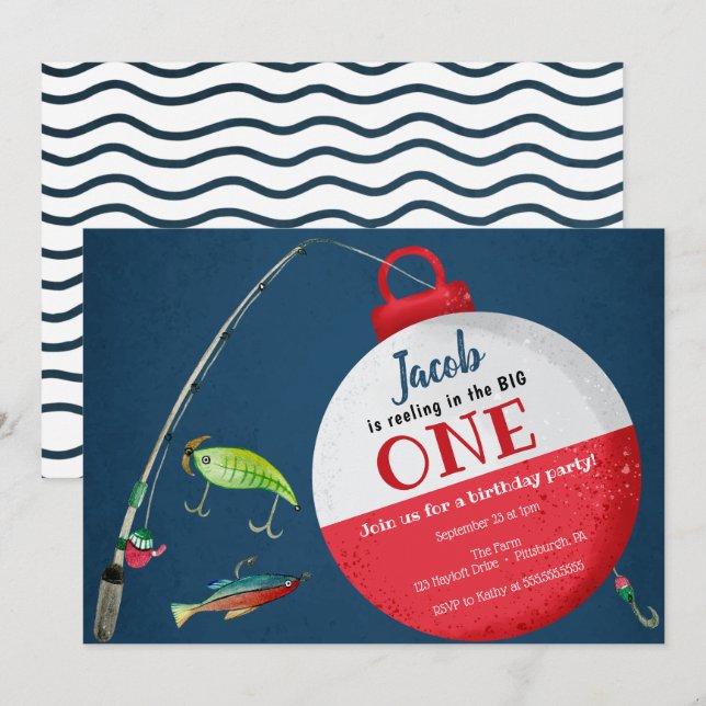 Invitación Reeling en el gran primer cumpleaños de pescadores (Anverso / Reverso)