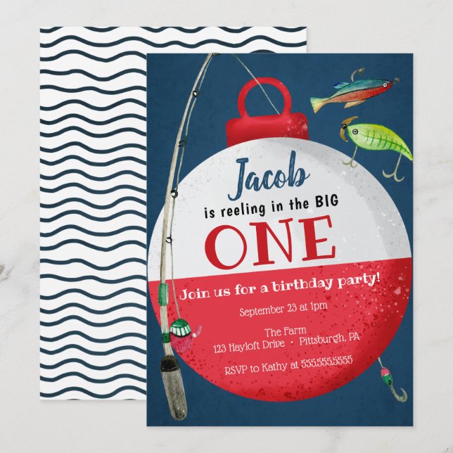 Invitación Reeling en el gran primer cumpleaños de pescadores (Anverso / Reverso)
