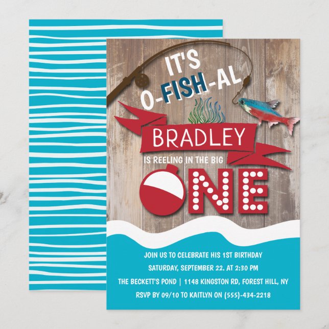 Invitación Reeling In The Big One Fishing First Birthday (Anverso / Reverso)