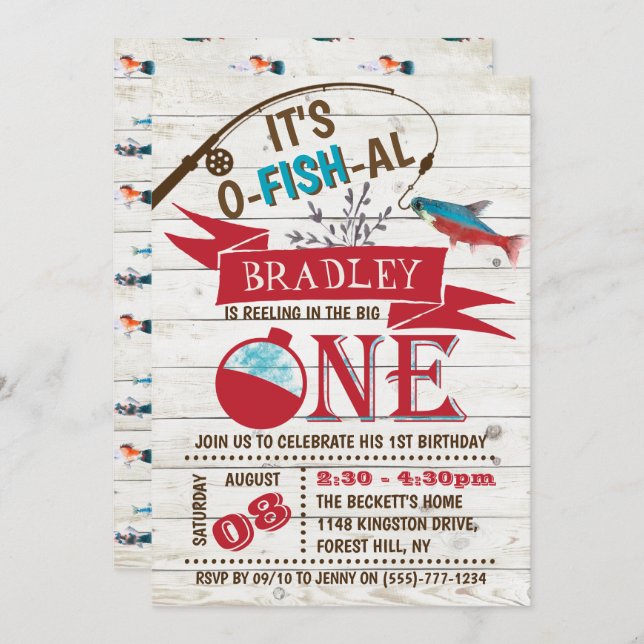 Invitación Reeling In The Big One Fishing First Birthday (Anverso / Reverso)