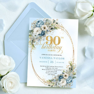 Invitación Refinada Boho Polvo Azul Eucalipto 90 Cumpleaños