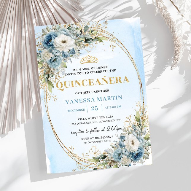 Invitación refinada Quince 15 Dusty Blue Gold Gree (Refined Dusty Blue Gold Greenery Quince 15 Invite)