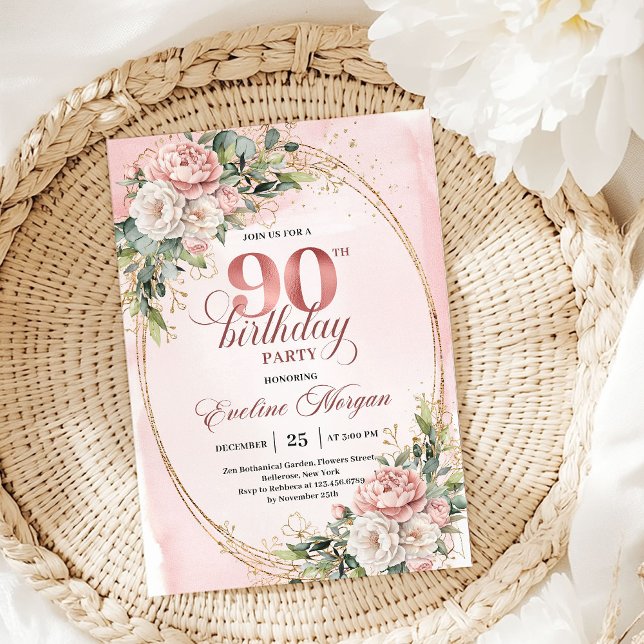 Invitación Refinada Rosa Polvo Oro Verde Cumpleaños 90 (Refined Dusty Pink Gold Greenery 90th Birthday Invite)