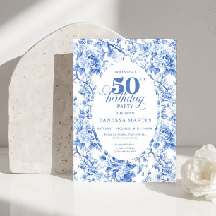 Invitación Refinada Toile de Jouy Floral Azul Real 50 Cumplea