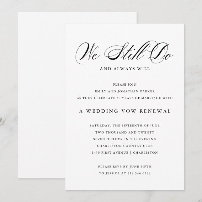 Invitación Refinado | Boda blanco y negro promete renovación (Anverso / Reverso)