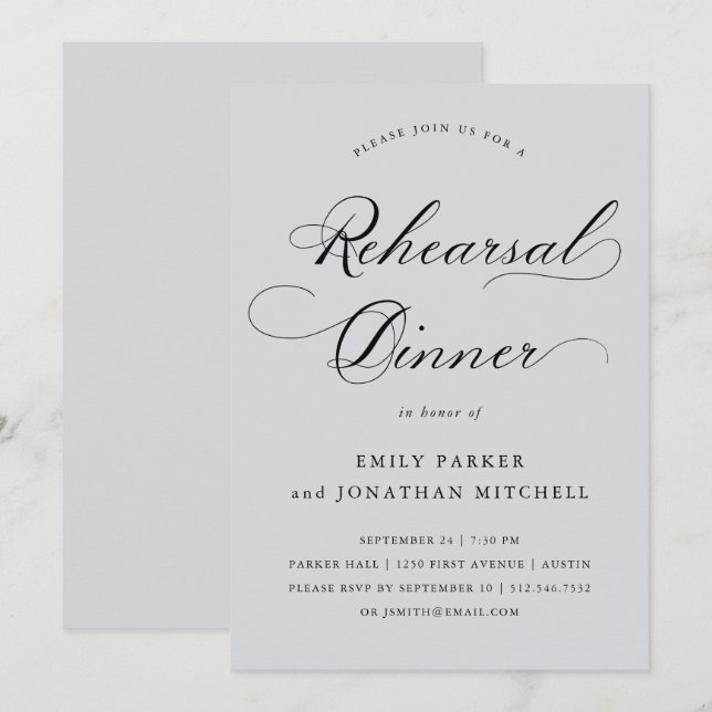 Invitación Refinado | Caligrafía Cena de ensayo gris suave (Anverso / Reverso)