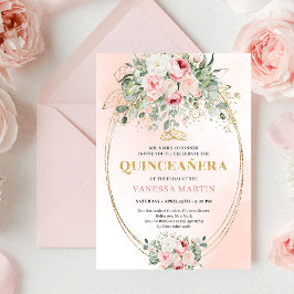 Invitación Refined Boho Blush Roses Greenery Gold Quinceañera