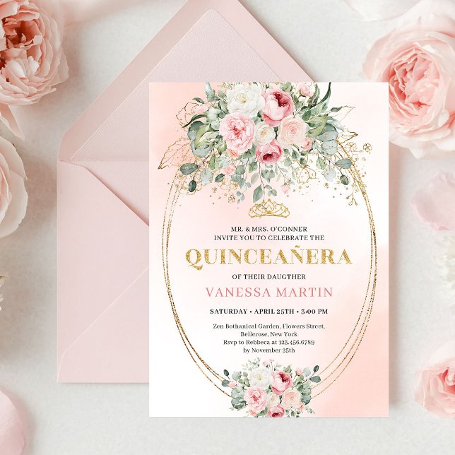 Invitación Refined Boho Blush Roses Greenery Gold Quinceañera (Refined Blush Roses Greenery Gold Quinceañera Invite)