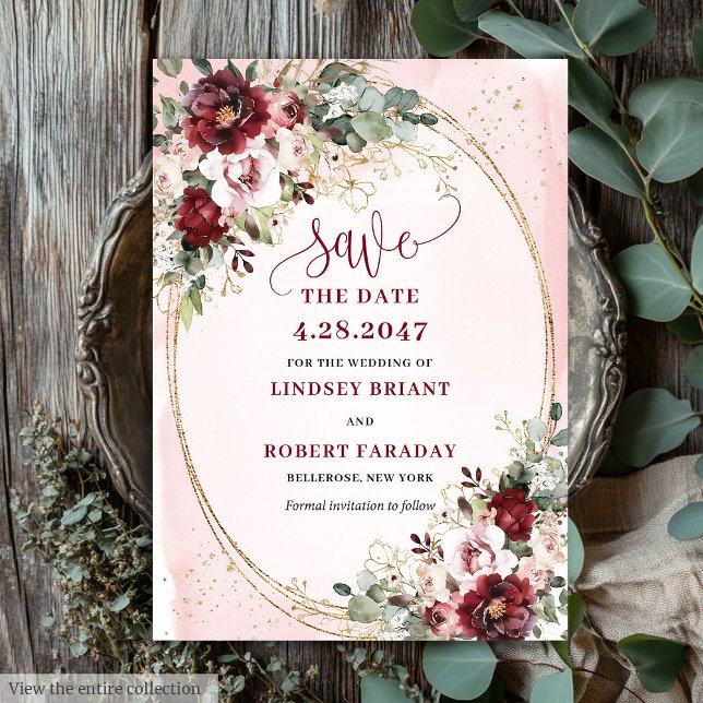 Invitación Refined Boho Maroon Blush Gold Floral Save Date (Refined Boho Maroon Blush Gold Floral Save Date)