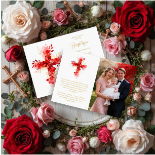 Invitación Refined Botanical Cross in Red Tones Photo Baptism