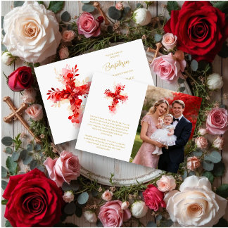 Invitación Refined Botanical Cross in Red Tones Photo Baptism