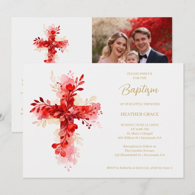 Invitación Refined Botanical Cross in Red Tones Photo Baptism (Anverso / Reverso)