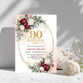 Invitación Refined Burgundy Floral Gold Frame 90th Birthday 
