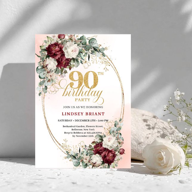 Invitación Refined Burgundy Floral Gold Frame 90th Birthday  (Refined Burgundy Floral Gold Frame 90th Birthday Invite)