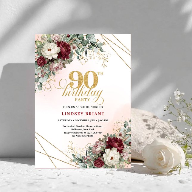 Invitación Refined Burgundy Flowers Eucalyptus 90th Birthday (Refined Burgundy Flowers Eucalyptus 90th Birthday)