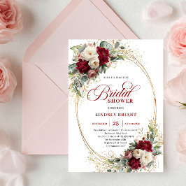 Invitación Refined Deep Red Floral Gold Bridal Shower Invite