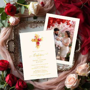 Invitación Refined Gold Botanical Cross Christian Baptism