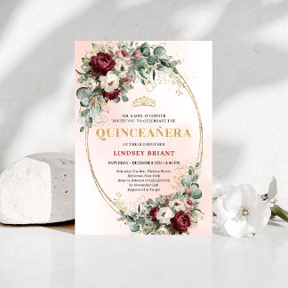 Invitación Refined Marsala Floral Gold Quinceañera Invitation