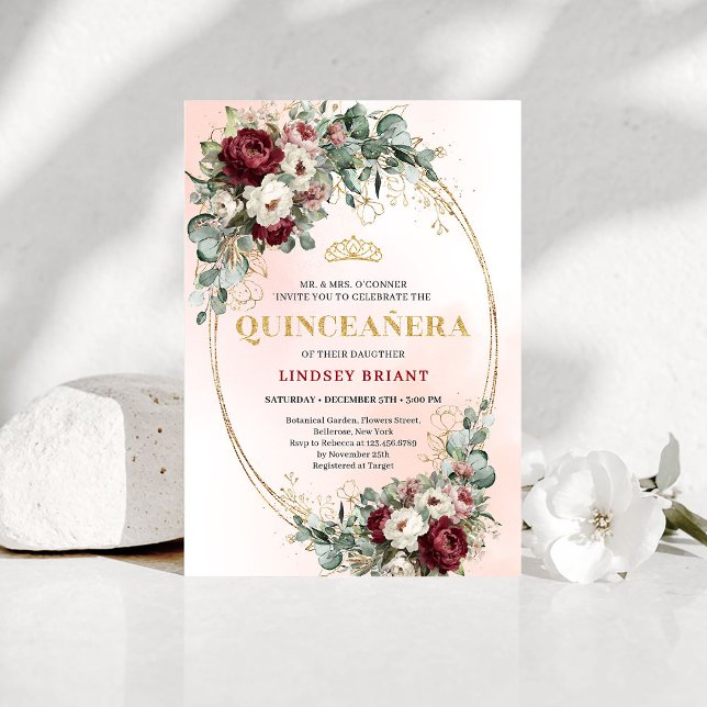 Invitación Refined Marsala Floral Gold Quinceañera Invitation (Refined Marsala Floral Gold Quinceañera Invitation)