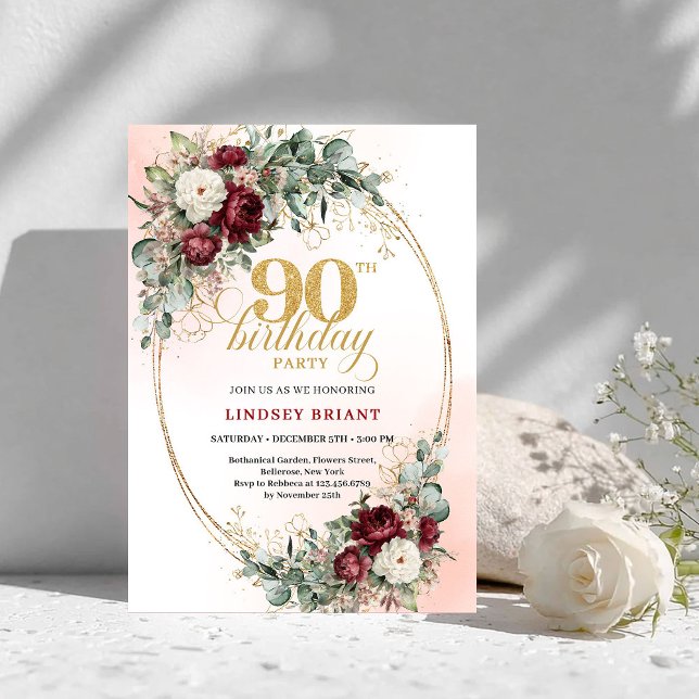 Invitación Refined Marsala Peonies Greenery 90th Birthday (Refined Marsala Peonies Greenery 90th Birthday)