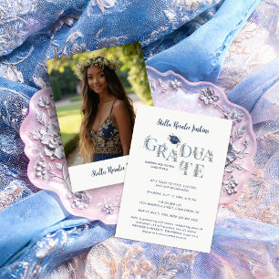 Invitación Refined Navy Blue Floral Botanical Photo Grad