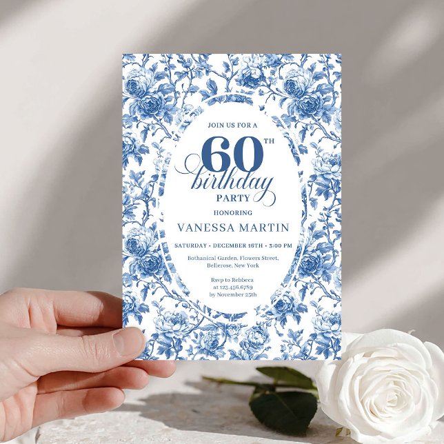 Invitación Refined Navy Roses Floral Toile 60th Birthday  (Refined Navy Roses Floral Toile 60th Birthday Invite)