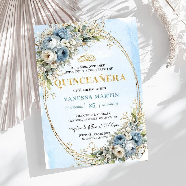 Invitación Refined Pastel Blue Gold Eucalyptus Quince Invites (Refined Pastel Blue Gold Eucalyptus Quince Invitation)