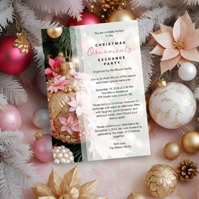 Invitación Refined Pink Christmas Balls Ornament Exchange (Refined Stylish Pink Christmas Balls Ornament Exchange Party Invitations Cards.)