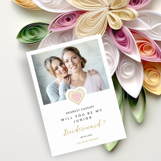 Invitación Refined Pink Lace Heart Photo Jr Bridesmaid (Romantic Refined Cute Pink Lace Heart Photo Jr Bridesmaid Proposal Card.)