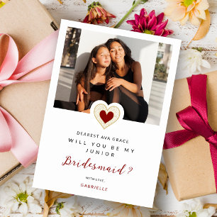 Invitación Refined Red Lace Heart Photo Jr Bridesmaid