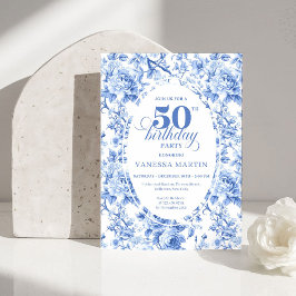 Invitación Refined Royal Blue Toile de Jouy Floral 50 Birthd