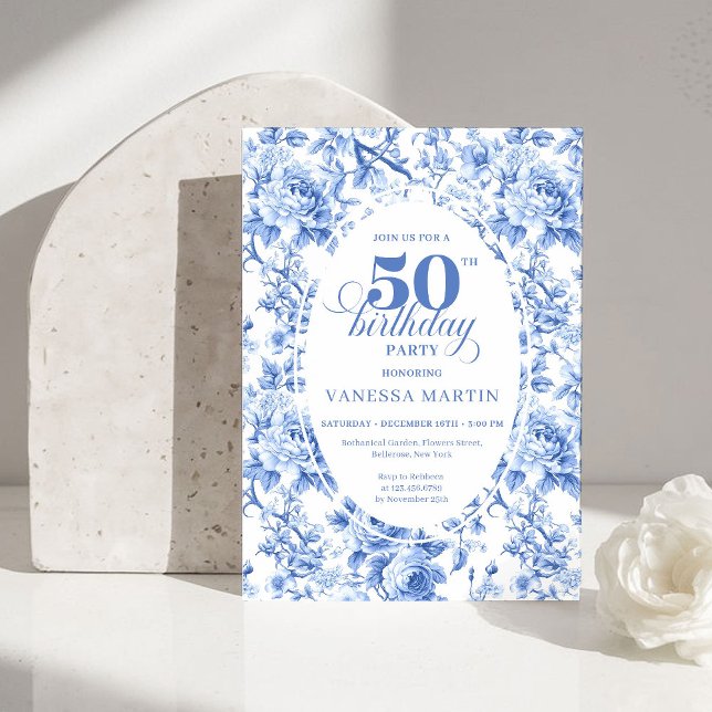 Invitación Refined Royal Blue Toile de Jouy Floral 50 Birthd (Refined Royal Blue Toile de Jouy Floral 50th Birthday)