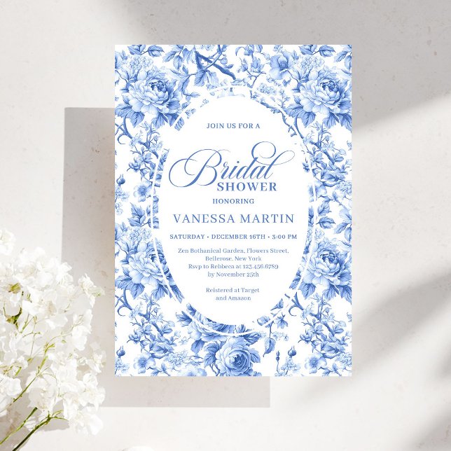 Invitación Refined Royal Blue Toile de Jouy Floral Bridal (Refined Royal Blue Toile de Jouy Floral Bridal Shower)