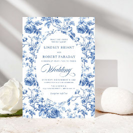Invitación Refined Royal Blue Toile de Jouy Floral Wedding