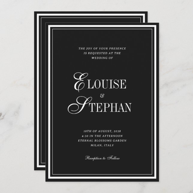 Invitación Refined Script Black White QR Code Details Wedding (Anverso / Reverso)