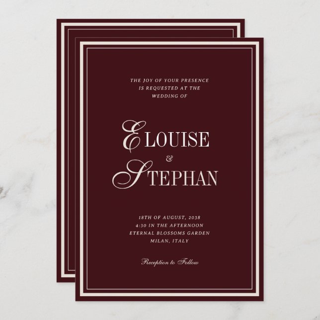 Invitación Refined Script Burgundy QR Code Details Wedding (Anverso / Reverso)