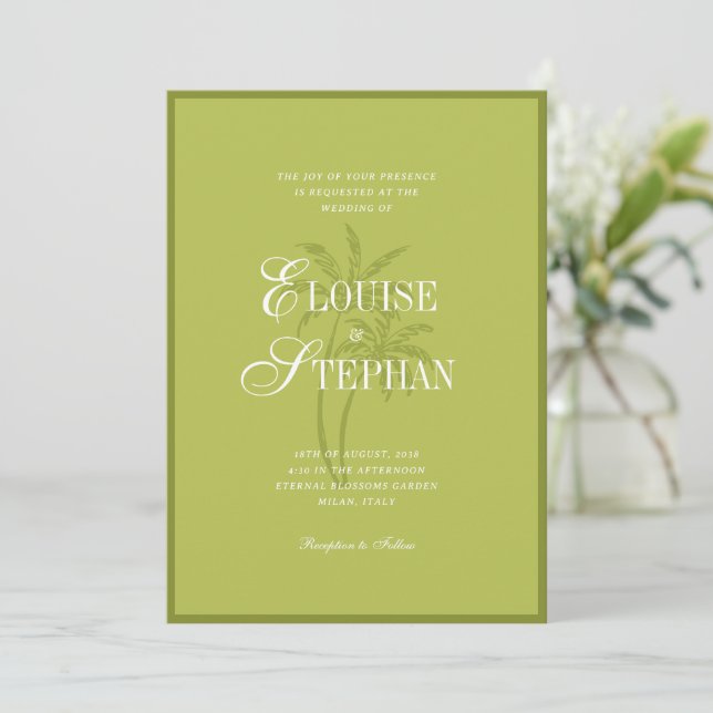 Invitación Refined Script Palm Tree Chartreuse Beach Wedding (Anverso de pie)