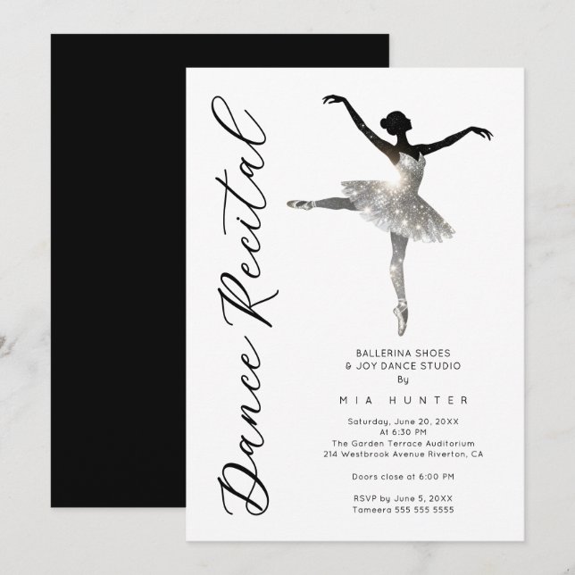Invitación Refined Silver Sparkle Ballet Recital TMF26 (Anverso / Reverso)