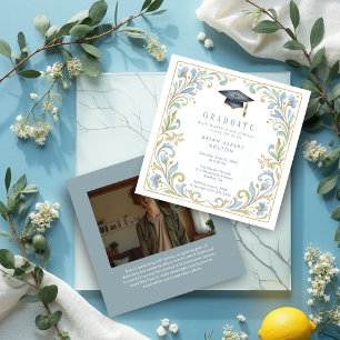 Invitación Refined Vintage 20s Blue Gold Photo Graduation