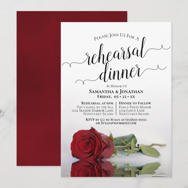 Invitación Reflejando el ensayo del Boda de la rosa roja (Anverso / Reverso)