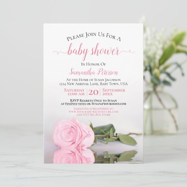 Invitación Reflejando Rosa Rosa Rosa Elegante Bebé Chica Duch (Anverso de pie)