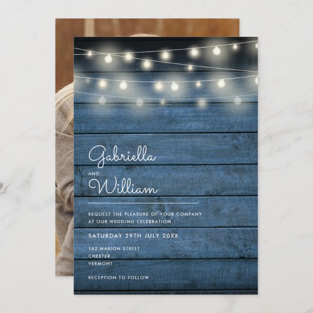 Invitación Reflejo de cuerdas Rustic Wood Navy Blue Photo Bod (Anverso / Reverso)